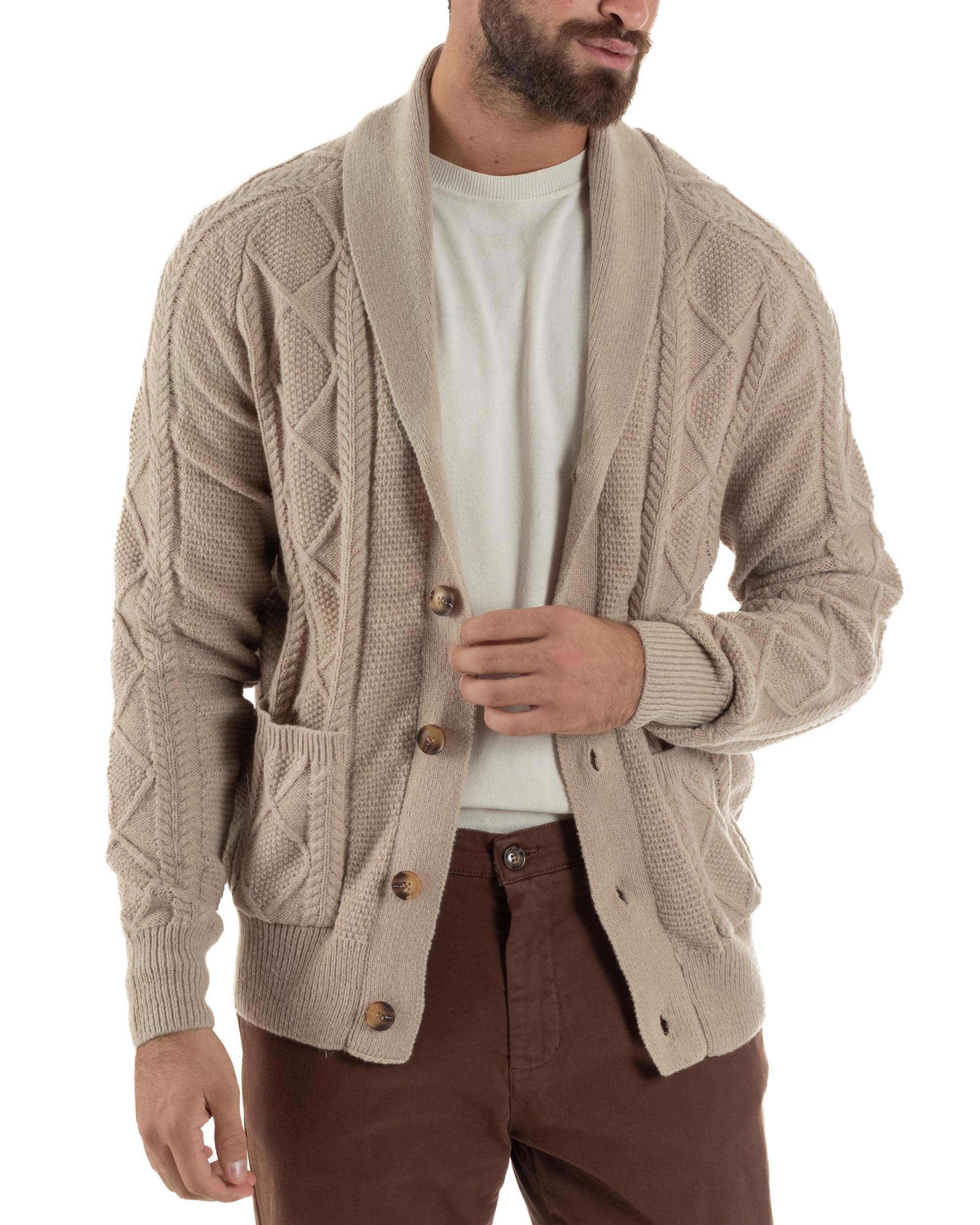 Cardigan Uomo Giacca con Bottoni Maglia Collo Sciallato Maglione con Trecce Vari Colori Casual