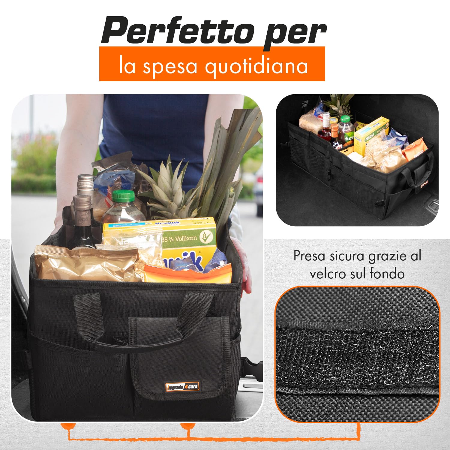 Upgrade4cars Organizer Bagagliaio Auto Grande | Borsa Porta-oggetti da Baule Universale | Organizzatore Portabagagli | Contenitore Cofano Macchina Pieghevole | Accessori Viaggio Gadget Utili