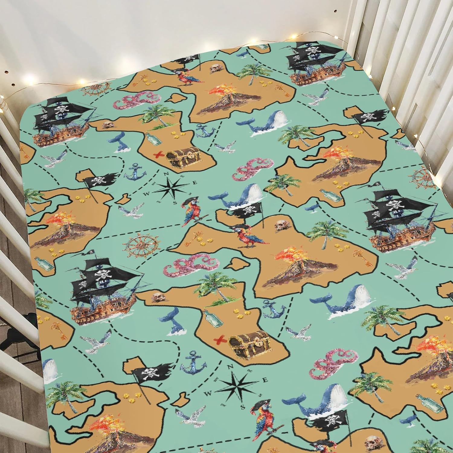 Fantasy Pirate Treasure Map Baby Crib Sheets for Boy Girl 52x28 Pirate Ship Island Anchors Compass Soft Snug Fitted Crib Mattress Cover Adventure Baby Sheet for Standard Crib & Toddler Mattress