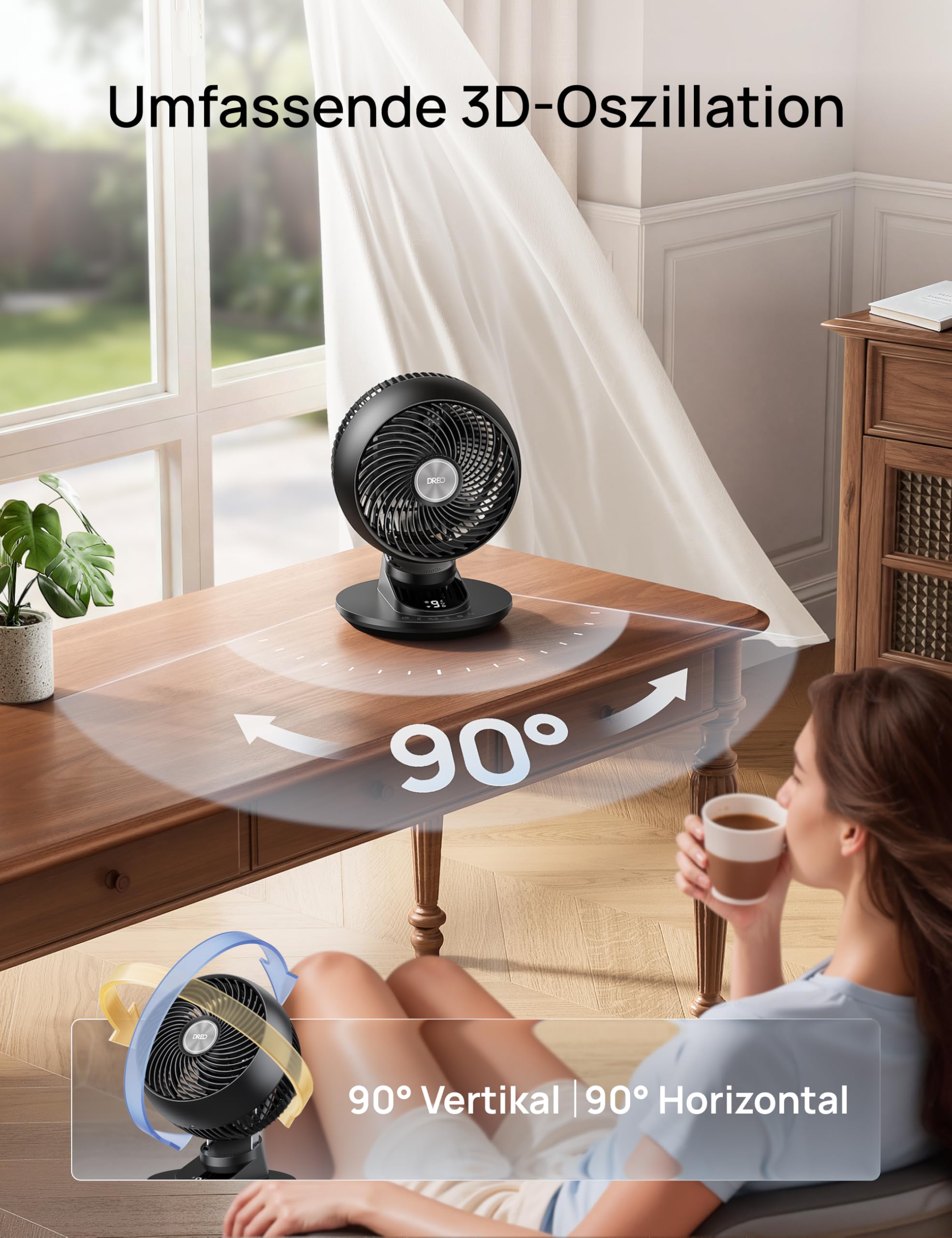 DREO 3D Tischventilator, leise 22 dB, 8,8 m/s starker Luftstrom, 90° Oszillation, App & Sprachsteuerung, 9 Stufen, 8/12h Timer