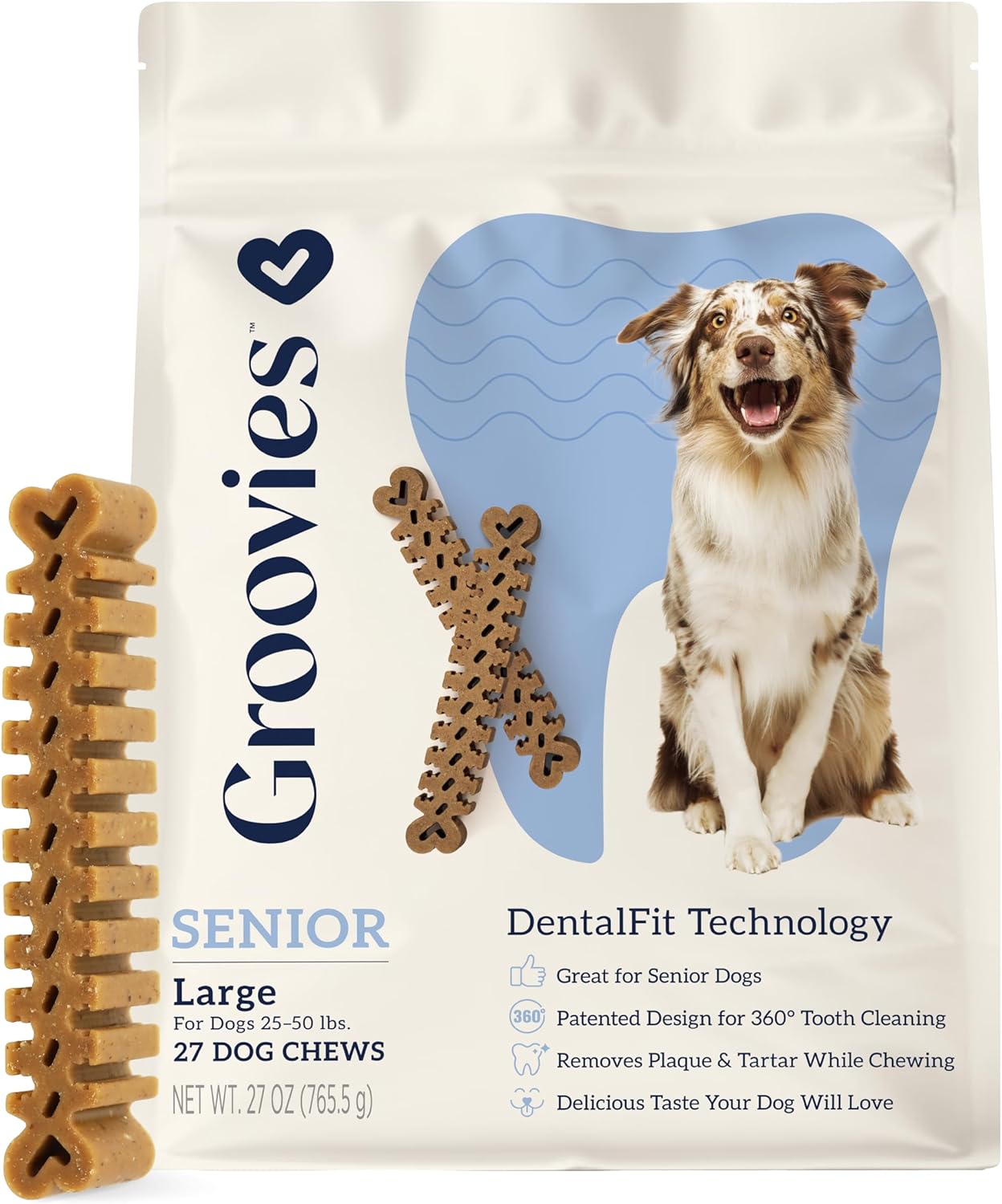 Groovies Senior Large Dog Dental Chews for Dogs, Patented DentalFit Technology for Plaque & Tartar Support, Flexible Texture for Easy Chewing, Chicken Flavor, USA Manufactured, 25–50 lb Dogs,27 Count