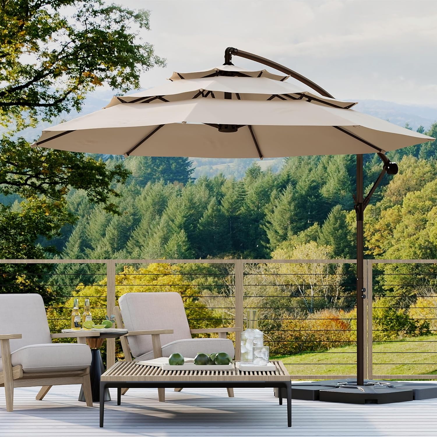 Kingdura 10ft 3-Tier Offset Cantilever Patio Umbrella, Outdoor Umbrellas with Sturdy Frame, 8 Fiberglass Ribs, Infinite Tilt & Easy Crank, UV Protection for Deck Pool Market (Champagne)