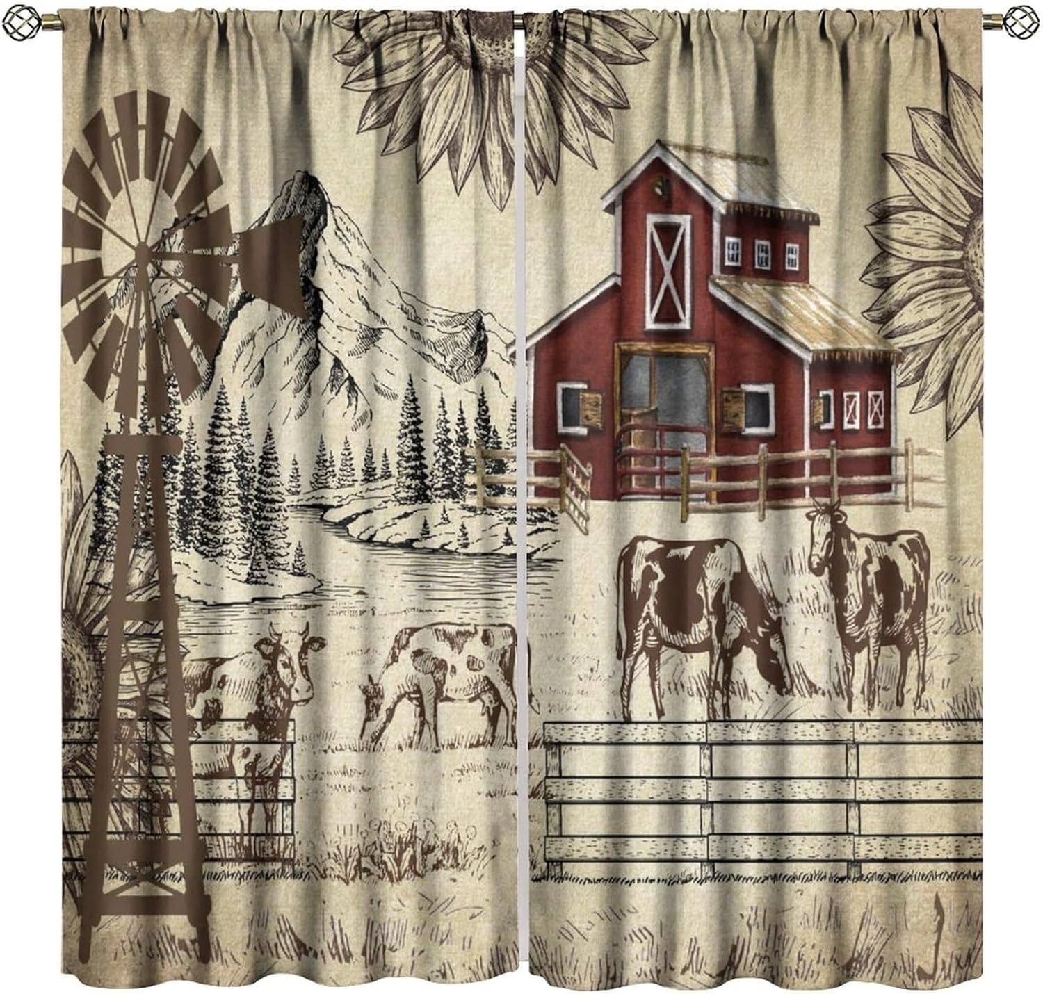 Country Farm Blackout Curtains, Vintage Windmill Rustic Cow Barn Decor for Bedroom Living Room Dining Room Kitchen42X45 Inch