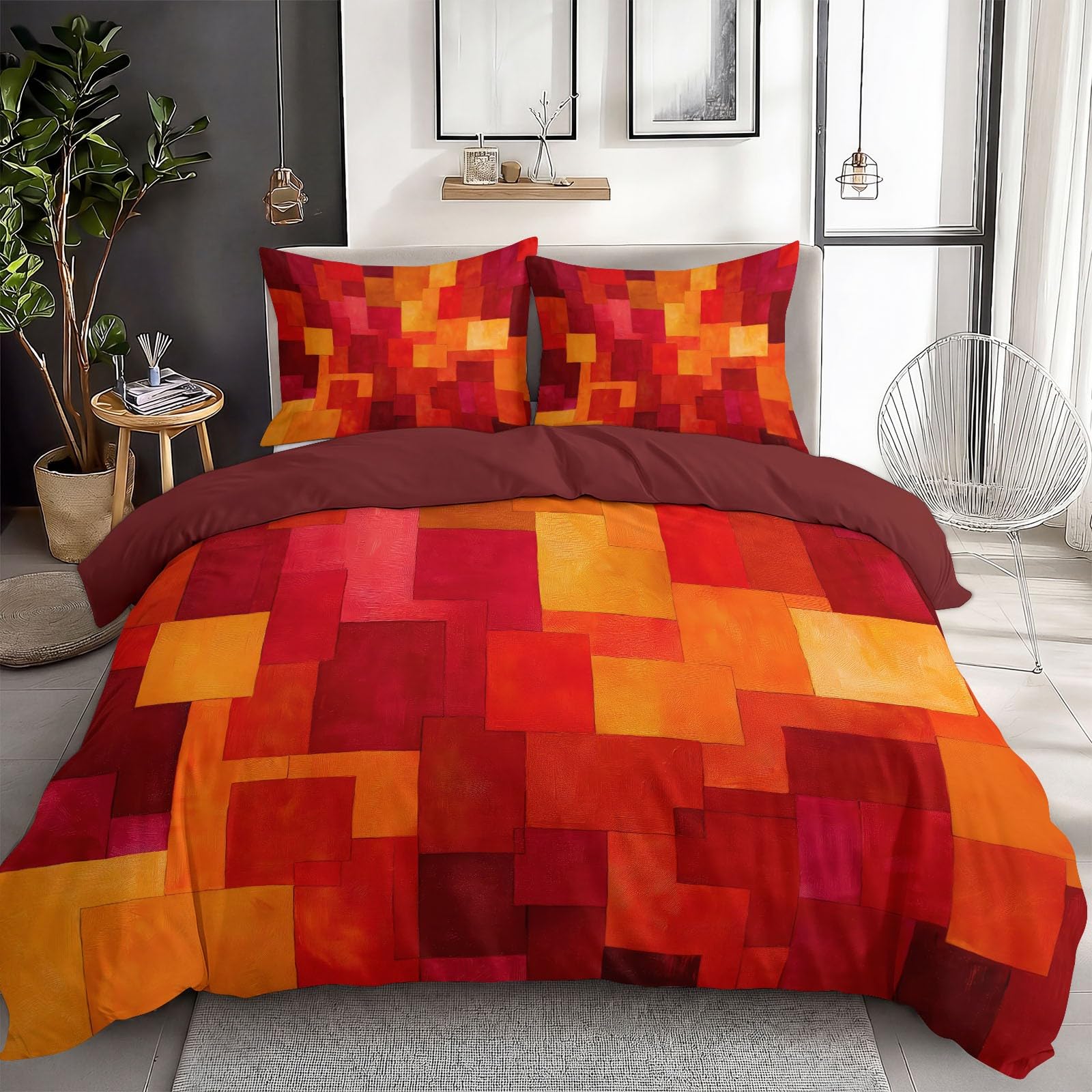 Parure de lit géométrique rouge 240x260 avec housse de couette zippée