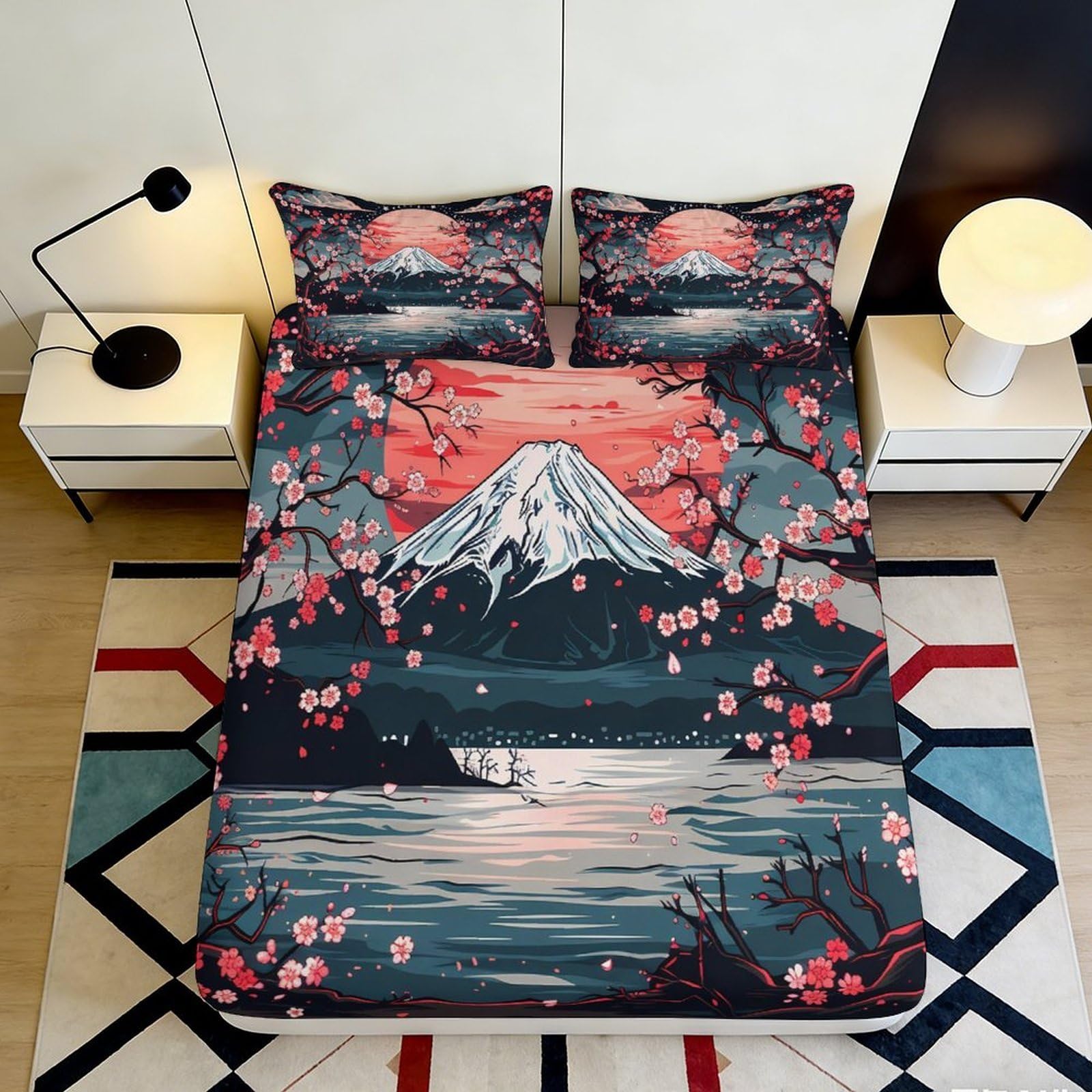Jqzkxnhpbr Style-8 3D Printed Mount Fuji Cherry Blossom Fitted Sheet Microfiber Artistic Bed Cover For Bedroom Guest Room Decor 90X200x25cm