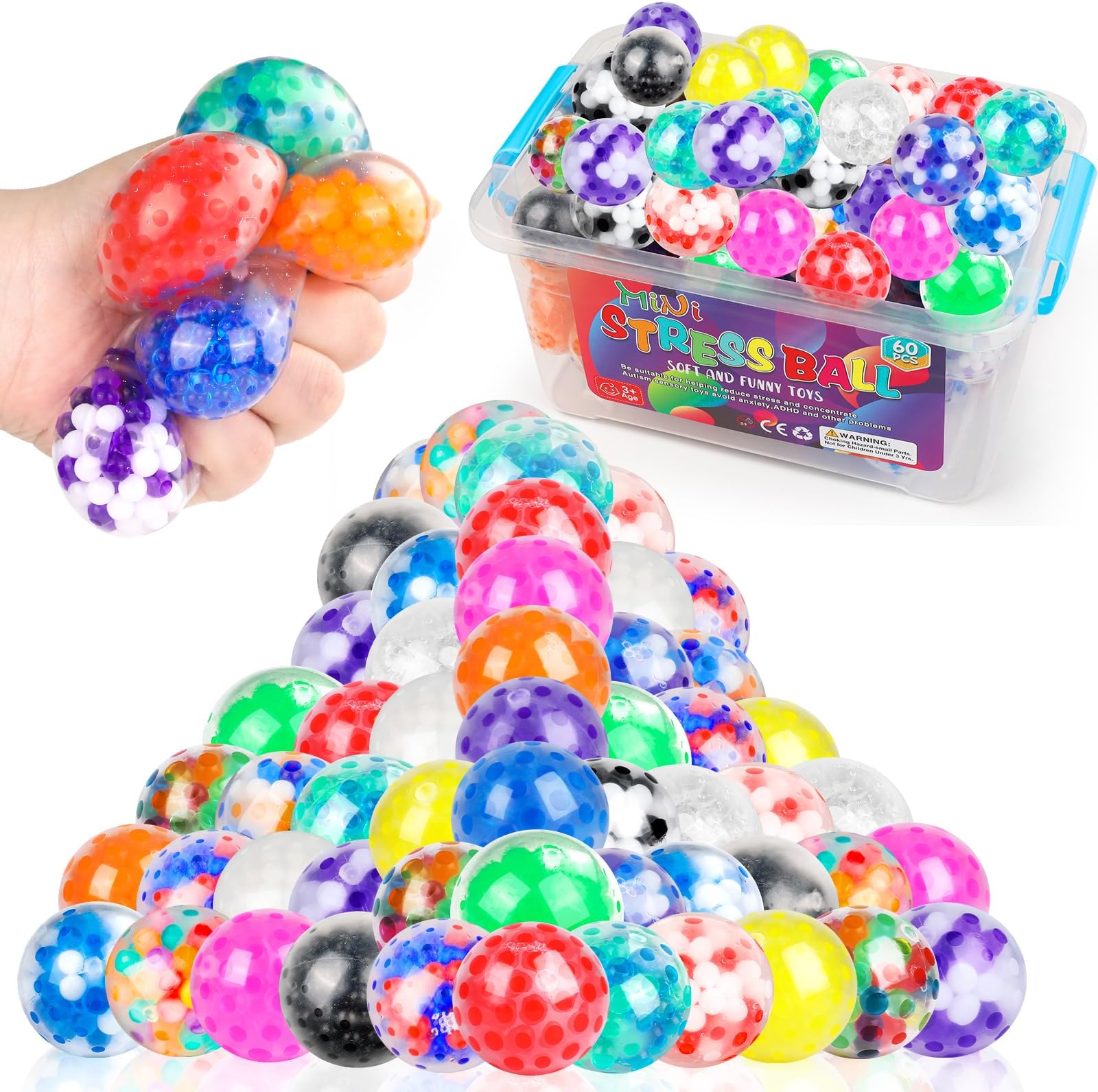 NEOACT 60 Pack Stress Balls,Squishy Squeeze Balls Bulk Fidget Ball for Adults Squishy Balls,Stress Relief Ball,Party Favors,Birthday Gift, Goodie Bag Stuffers