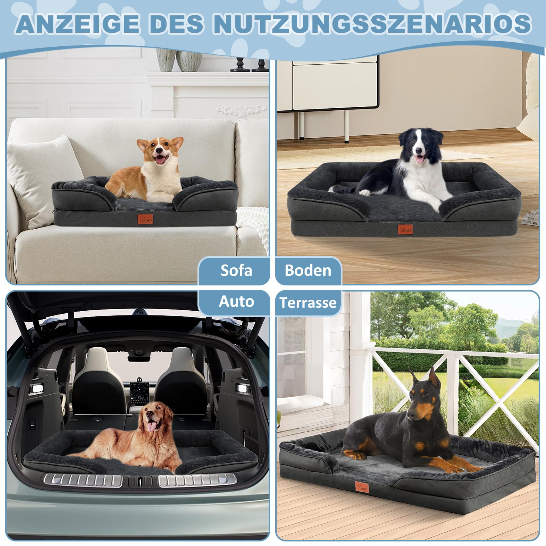 CALIYO Orthopädisches Hundebett für Kleine Hunde – 76×58×16 cm, Hundekissen aus umweltfreundlicher PP-Baumwolle, abnehmbar, waschbar, rutschfestes Hundesofa mit 3 Rändern（Dunkelgrau）
