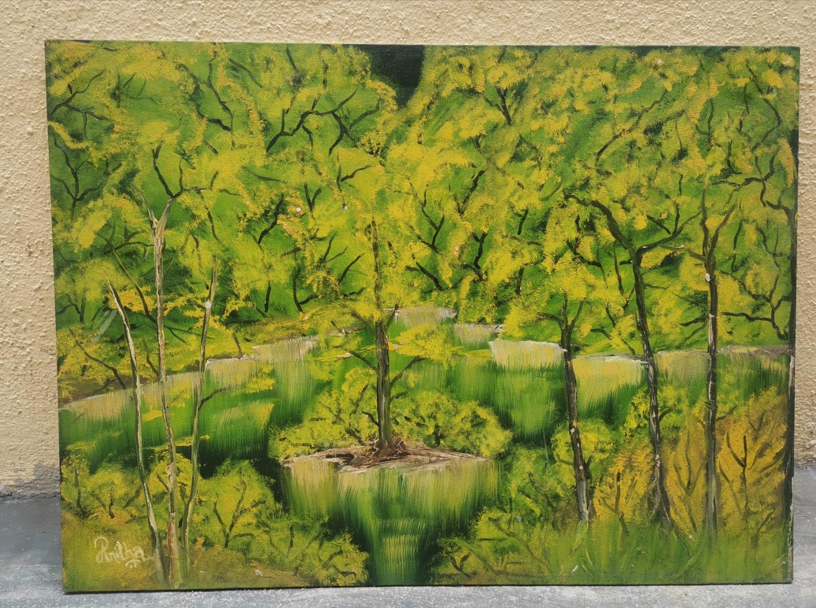 Original Artwork Studio Oil Painting on Canvas, Spring Forest Landscape in Vibrant Green and Yellow, Nature Wall Art, 65 x 65 cm