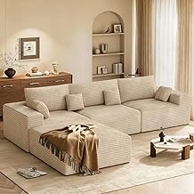 Boneless Couch L Shaped Sectional Corner Sofa, 287cm Cloud Couch Modular Corduroy 3/4 Seater with Memory Foam & Ottoman, No Assembly - Cord/Khaki