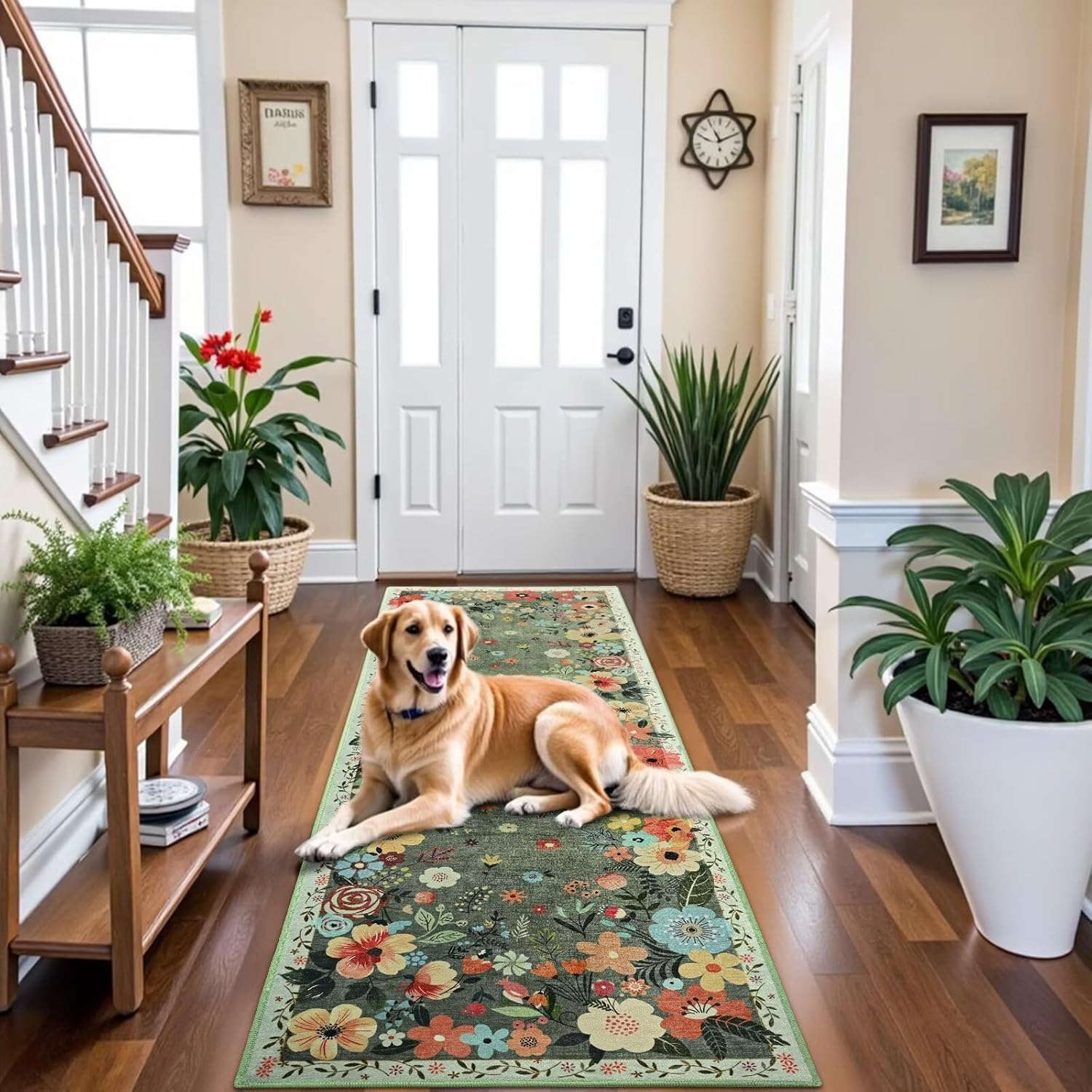 Vasofe 2x6 Runner Rug for Hallway, Washable Rugs for Kitchen, Bedroom, Modern Floral Indoor Mat for Girl's Room, Laundry Room, Bedside, Non Slip Low Pile Soft Mats Home Decor Carpet, Sage Green
