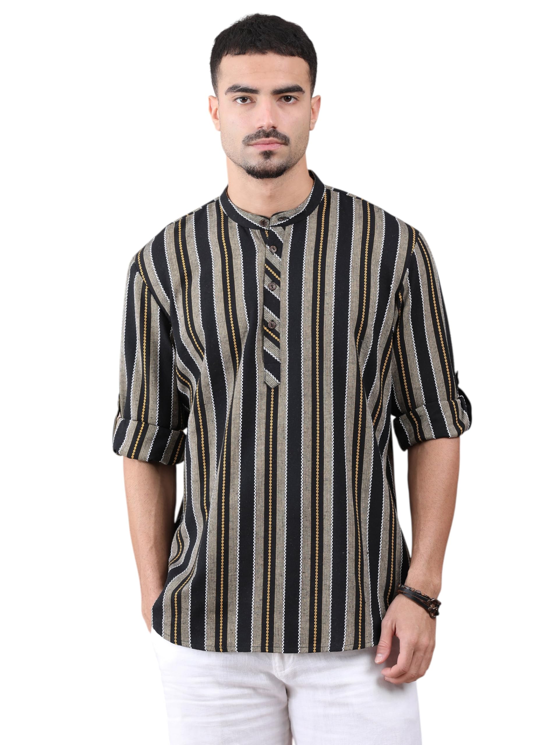 filori Stripe Pattern Short Kurta | Pure Cotton | Roll-up Sleeves | Mandarin Collar-picture-49