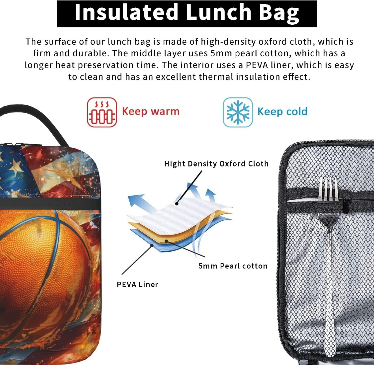 Insulated Lunch Box for Boys Girls Basketball Lunch Box for Work,Picnic,School,Travel,Hiking,Beach or Fishing Polyester Sport Basketball Theme Lunch Bag