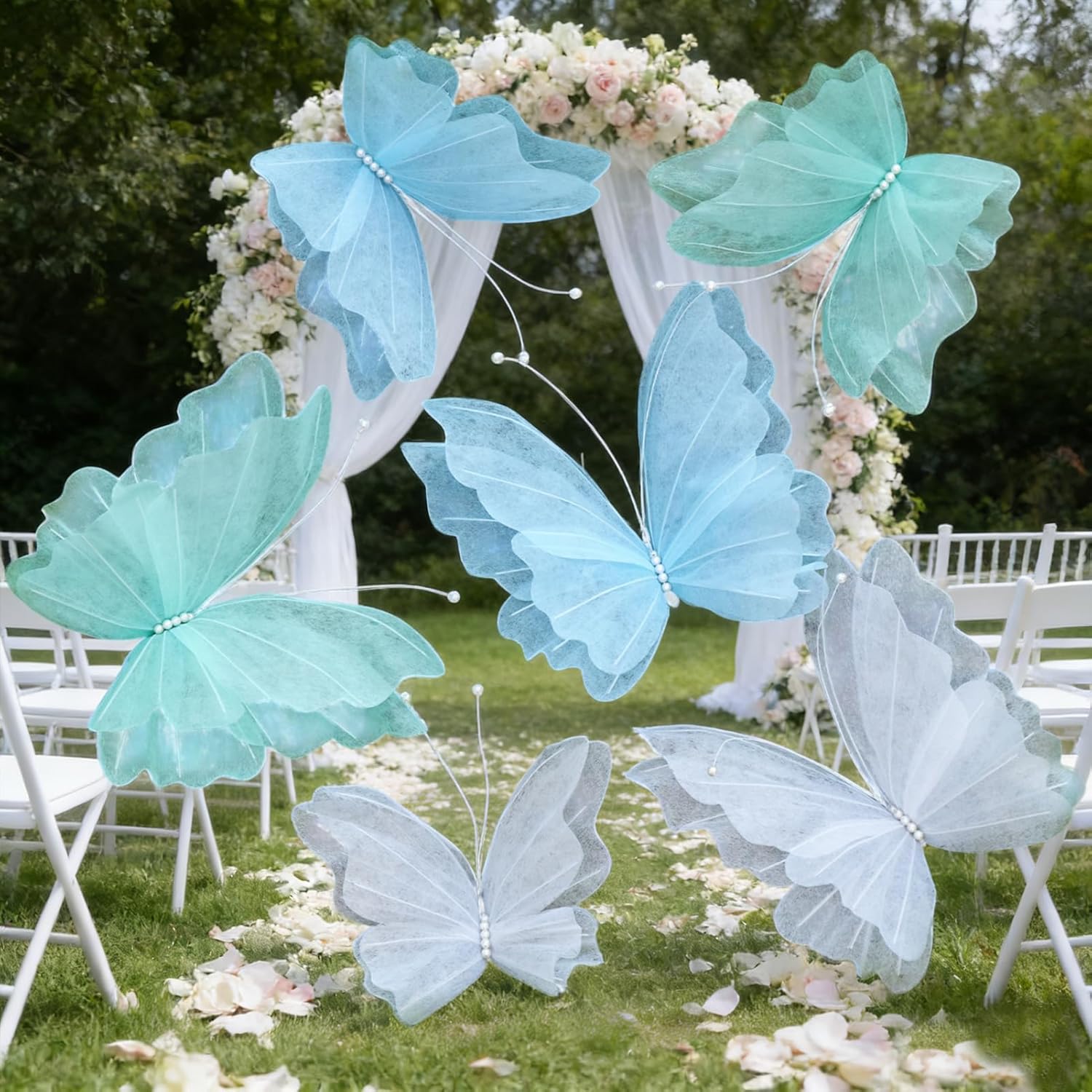 SUNBEAUTY 6 Pcs Large Butterflies Decoration 20"&12" 3D Mariposas Grandes Para Decor Blue White Big Butterfly Party Hanging Butterfly Set for Baby Shower Fairy First Birthday Wedding Girls Women Decor