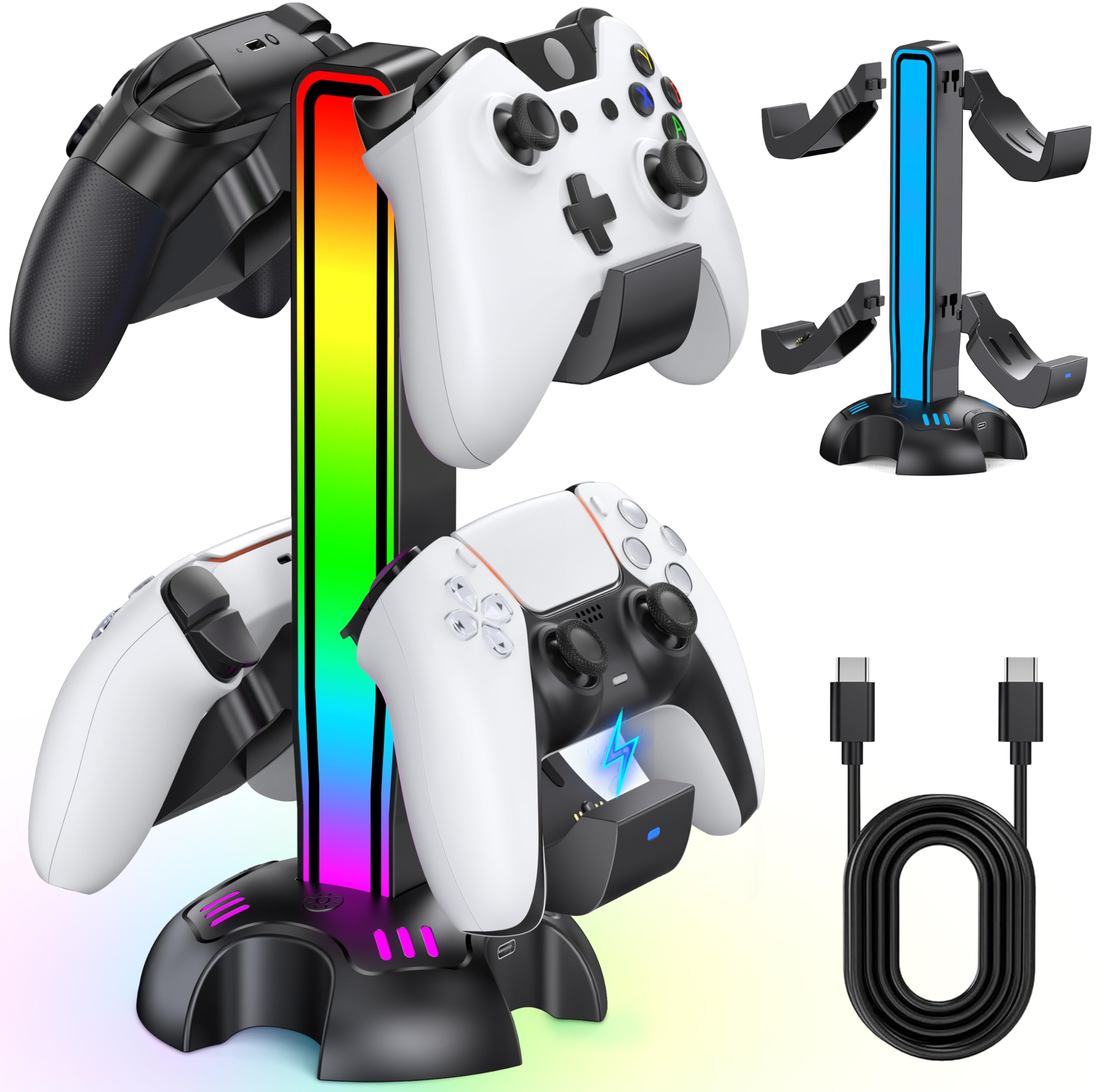 Dual Charging Station for PS5 Controllers Only with 2 Charging Holder, with 2 Non-Charging Controller Holder for Xbox/PS5/PS4/Switch/PC, Dynamic Lights, 2 USB Ports, Detachable Controller Stand