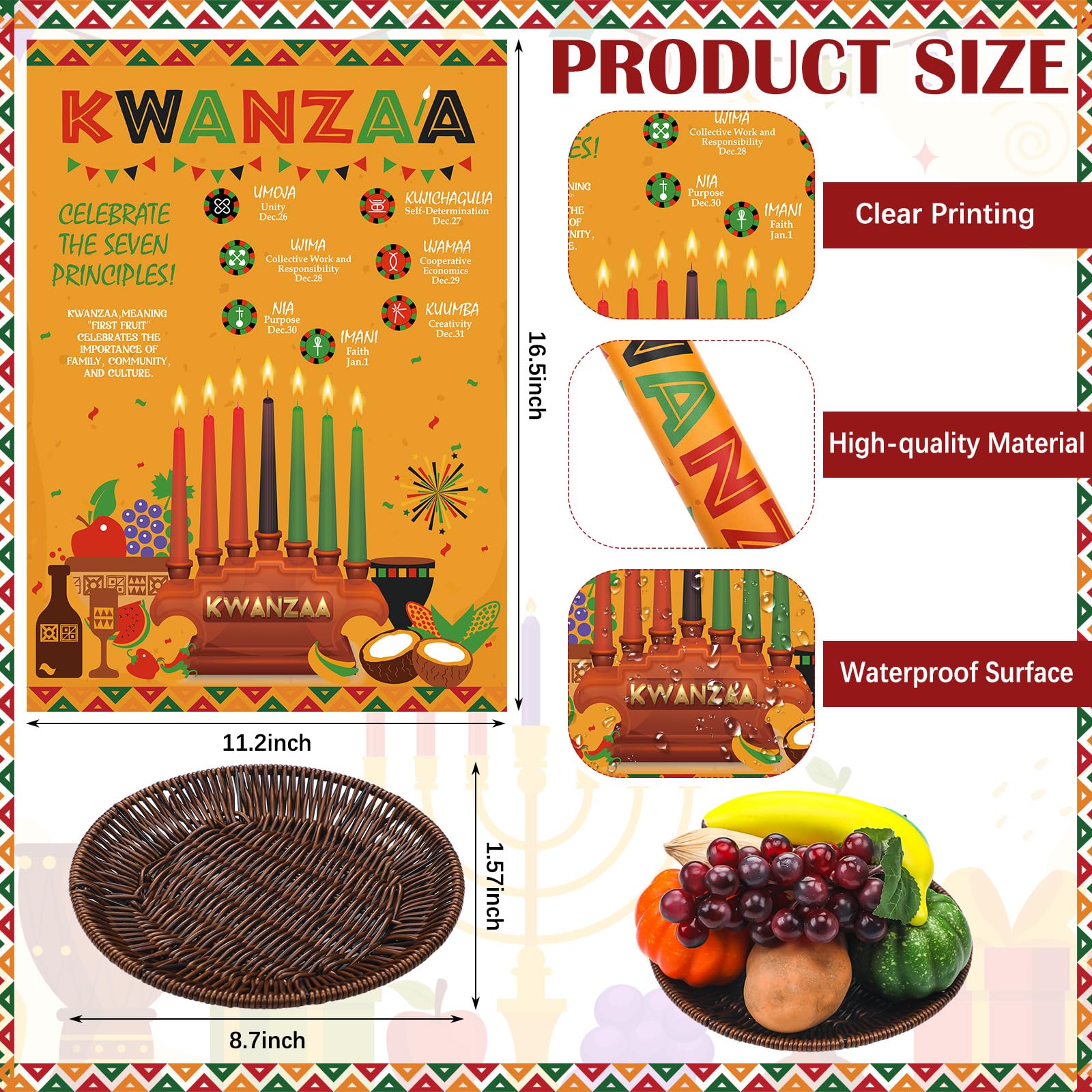 Thyle Kwanzaa Kinara-Set, 7 LED-Kerzen, Poster, Bambus-Tischmatte, Kerzenhalter, Weinkelch, Kente-Tuch, künstlicher Obst- und Gemüsekorb, Tischläufer, afrikanische Dekoration für Kwanzaa, 22 Stück