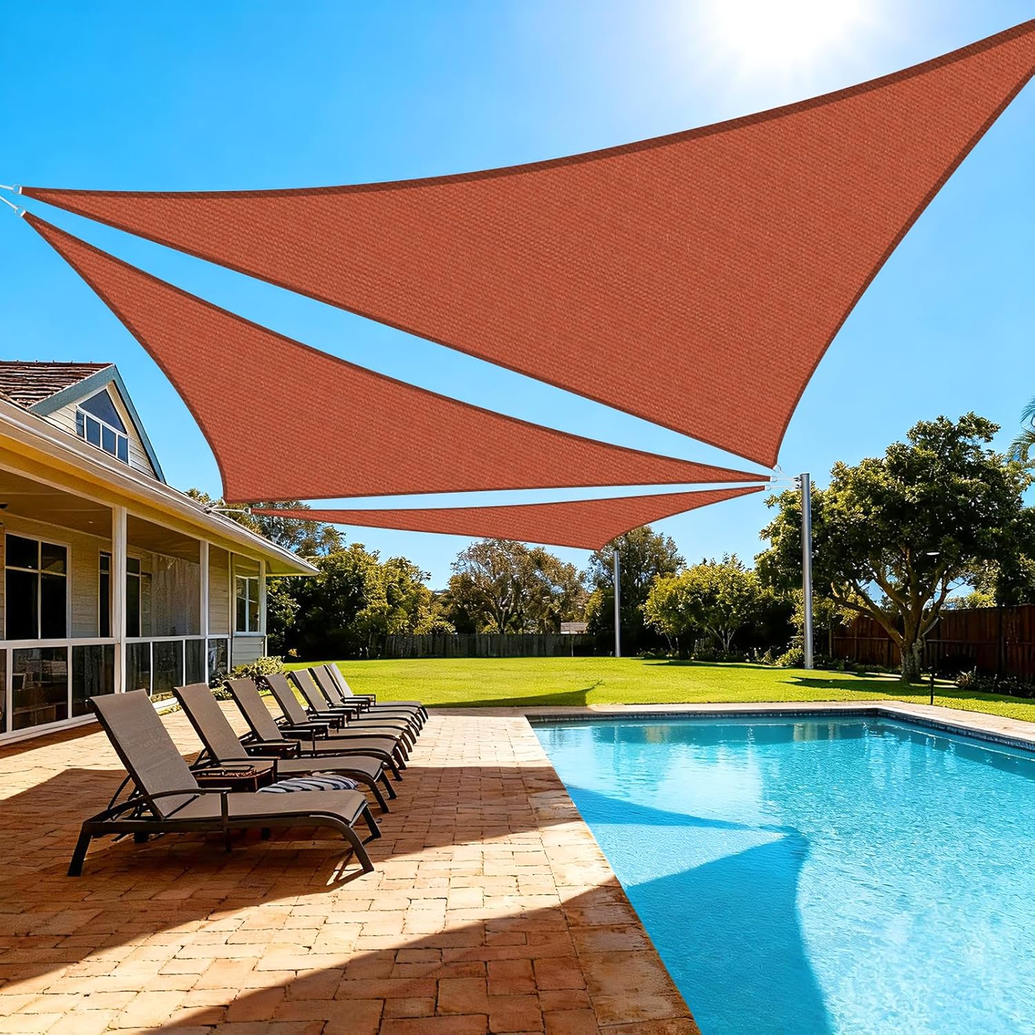 Artpuch Sun Shade Sail, 22'X22'X22' Rust Red Triangle, Curved Edged Sun Shade, Commercial Grade 185GSM HDPE UV Permeable Outdoor Shade Cloth for Deck, Backyard, Patio (Custom Sizes Made)