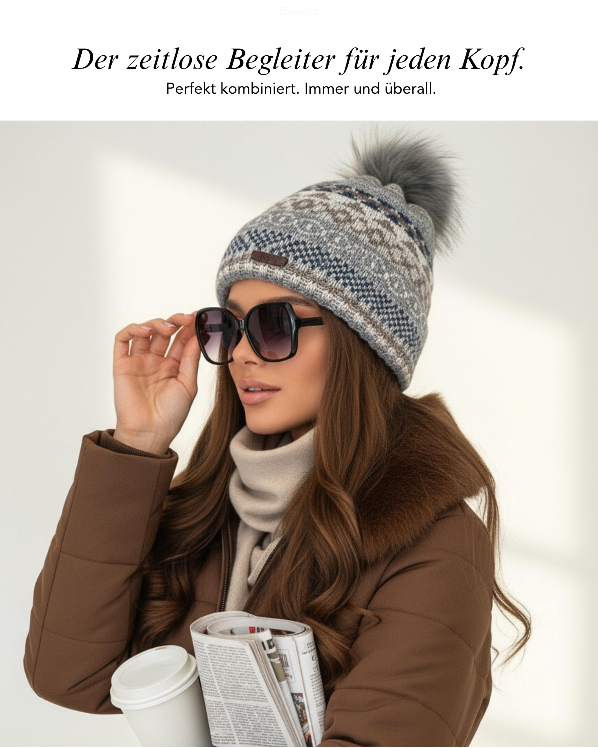 Baesics Czapka zimowa ze wzorem dla kobiet i mężczyzn – wyściełana czapka z pomponem ze sztucznego futra, czapka z dzianiny w stylu beanie, wyprodukowana w UE, jeden rozmiar, ciepła i elastyczna z