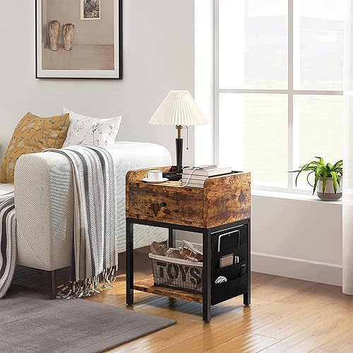 Miniatura 2 de FABATO Mesa auxiliar y mesita de noche con estación de carga USB y cable de fuente de alimentación para salas de estar y dormitorios, bolsa de
