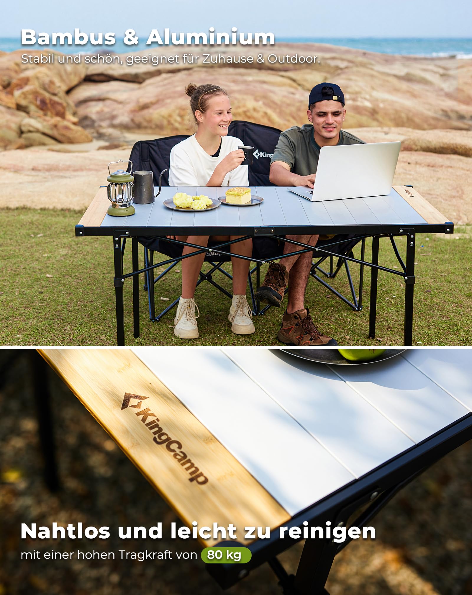 KingCamp Campingtisch klappbar Klapptisch mit Aluminiumrahmen Aufrollbare Tischplatte für 4-8 Personen Campingtisch faltbar mit Tragetasche belastbar bis 80 kg