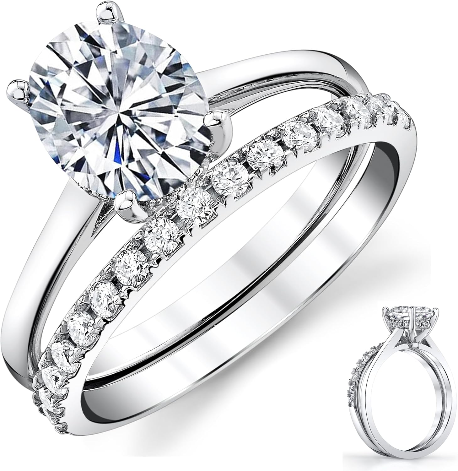 Metal Masters 2.5 Carat Oval Moissanite Bridal Set Engagement Wedding Ring 18K White Gold Over Silver 9MM