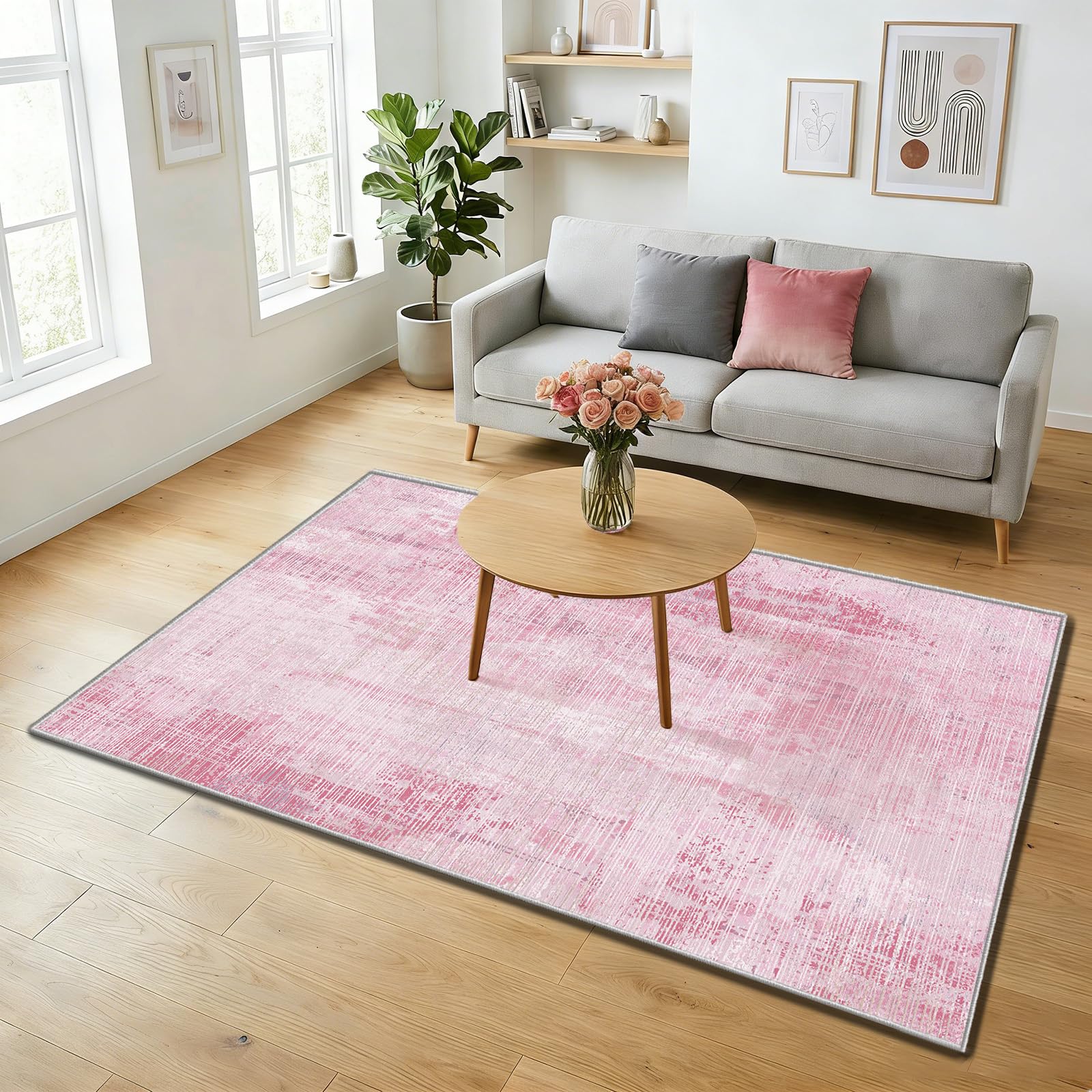 WUTONG Pink Rug for Living Room 120x160cm,Machine Washable Abstract Area Rug,Non-Slip Soft Faux Cashmere Rug for Bedroom,Modern Distressed Grey & Pink Carpet for Girls Room,Nursery