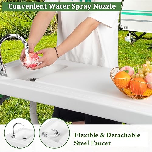 Miniatura 4 de VINGLI Mesa de limpieza plegable para peces y juegos para exteriores con fregadero, portátil y duradera, conexión estándar de jardín, manguera de