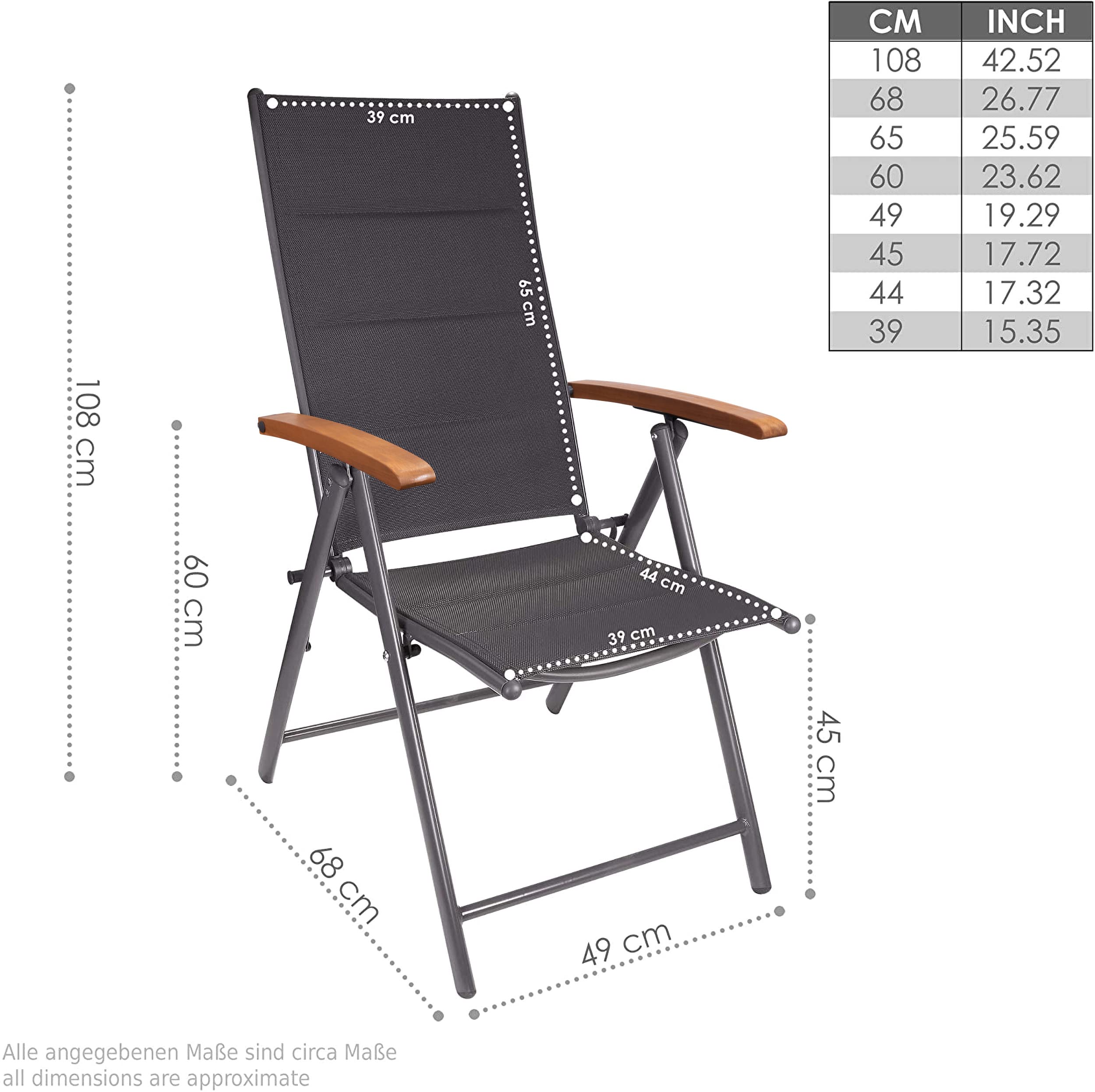 BRUBAKER 2er Set Gartenstühle Verona - Faltstühle klappbar | 7-Fach verstellbare Rückenlehnen - wetterfeste Klappstühle mit Polsterung und Holz Armlehnen - Anthrazit