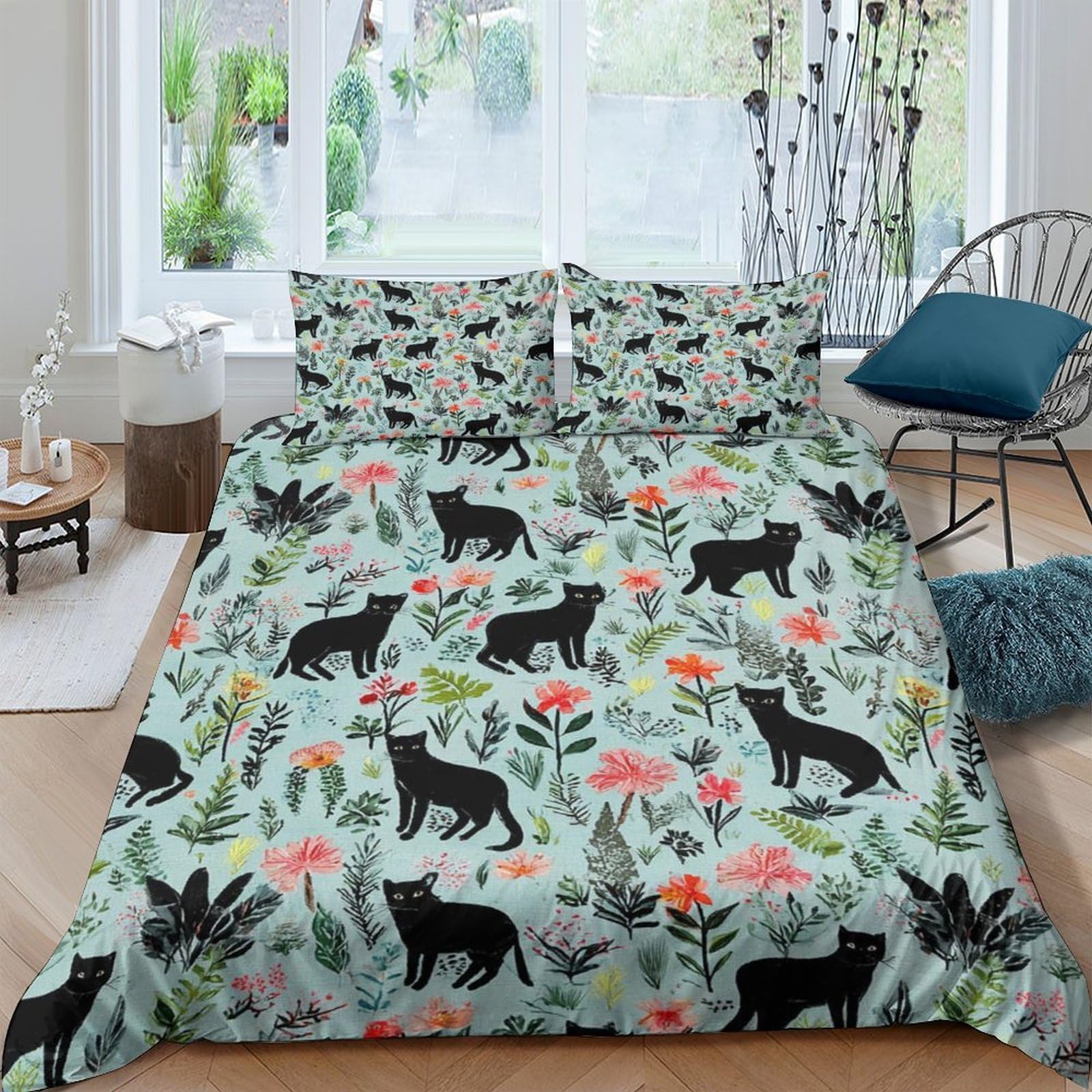 GPLZQXKJNH 3D Printed Jungle Panther Duvet Cover Microfiber Soft Breathable Floral Bedding Set with 2 Pillowcases for Bedroom Decor Single（135x200cm）