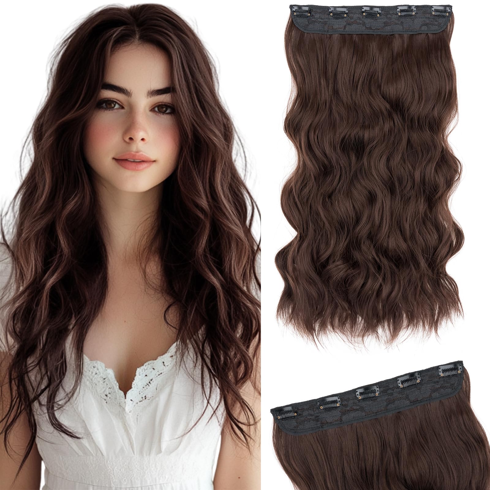 Silk-co One Piece Clip In Hair Extensions Curly 180g Hairpieces 5 Clips Wavy Curly Synthetic 3/4 Half Full Head for Laides and Women 24 Inch(60 cm) Medium Brown
