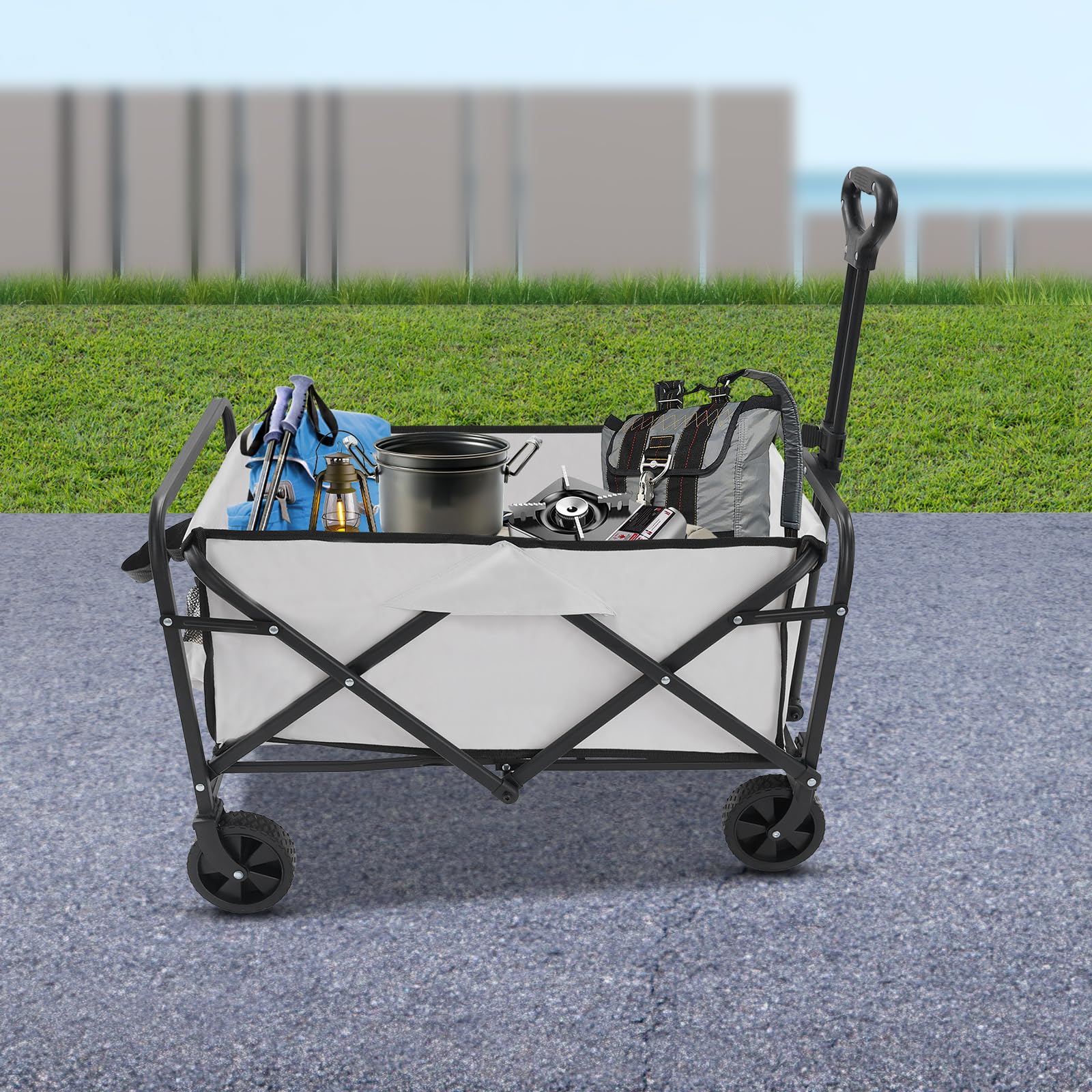 Bollerwagen faltbar mit 90 kg Tragkraft und Teleskopgriff | Inklusive Abnehmbarer Stofftasche und 4 Reifen mit Profil für Camping Garten Outdoor und Einkauf