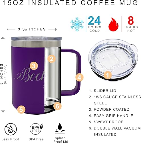 Miniatura 2 de My Personal Memories Taza de café de viaje personalizada y grabada de 15 onzas con asa y tapa, taza personalizada para llevar (morado mate)
