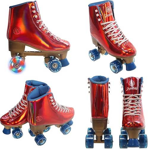 Miniatura 3 de JajaHoho Patines de ruedas para mujer, clásicos holográficos de caña alta, patines brillantes de doble fila azules con cuatro ruedas para niñas,