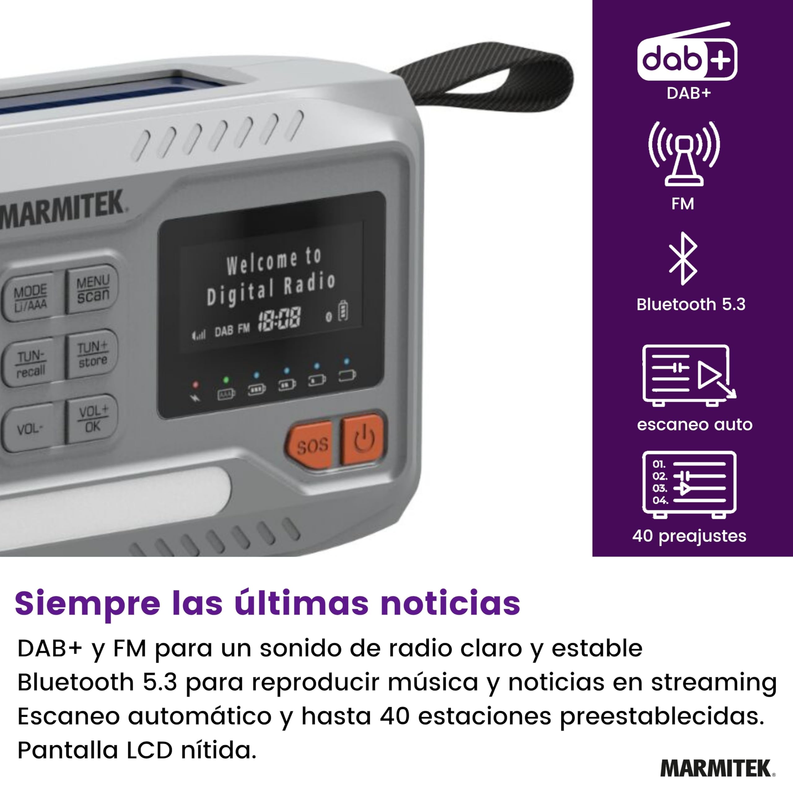 Marmitek RESQ 100 - Radio de Emergencia Dab+/FM Solar con manivela y SOS