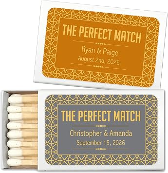 Vintage Wedding Favor Matches,#34;Perfect Match" Personalized Matches, Gatsby Matchboxes, Art Deco Wedding Vibe Set of 50 Matchboxes White Box