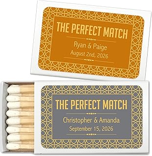 Vintage Wedding Favor Matches, "Perfect Match" Personalized Matches, Gatsby Matchboxes, Art Deco Wedding Vibe (Set of 50 Matchboxes) (White Box)