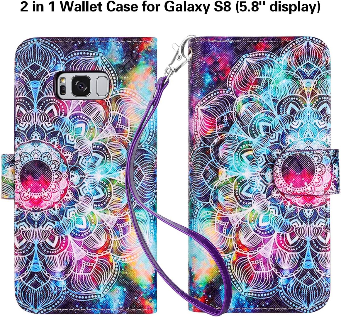 Vofolen 2-in-1 Case for Galaxy S8 Case Wallet Credit Card Holder ID Slot Detachable Strap Hybrid Protective Slim Hard Shell Magnetic PU Leather Folio Pocket Flip Cover for Galaxy S8 Mandala Purple