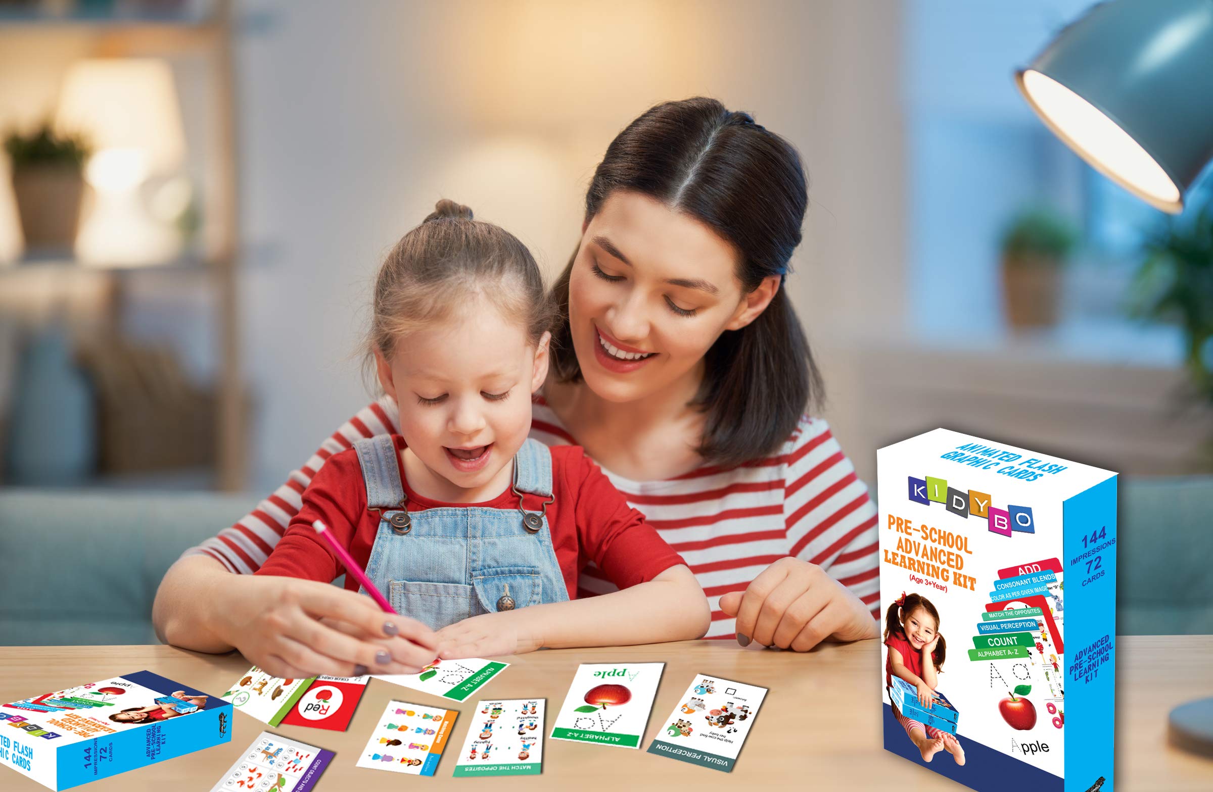 Pre-School Advance Learning Kit 144 Impression, 72 Double Sided reusable Flash Graphics Cards. 2 Write and wipe marker along with 12 water color pens. Age 3 + Year. [Card Book] Kidybo