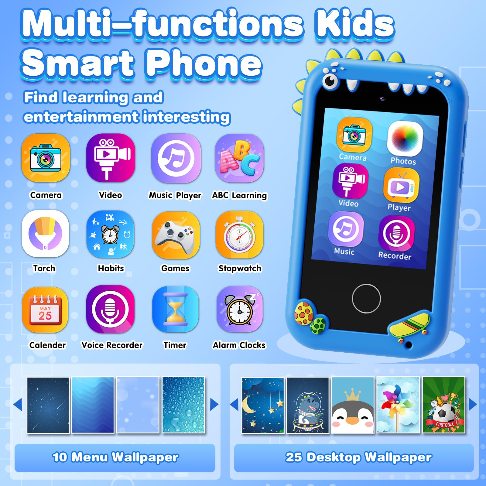 Regalos y juguetes para niños de 3 a 8 años de edad, teléfono de juguete con doble cámara, reproductor de música MP3, juegos, rastreador de hábitos, pantalla táctil, juguete de aprendizaje para niños 2