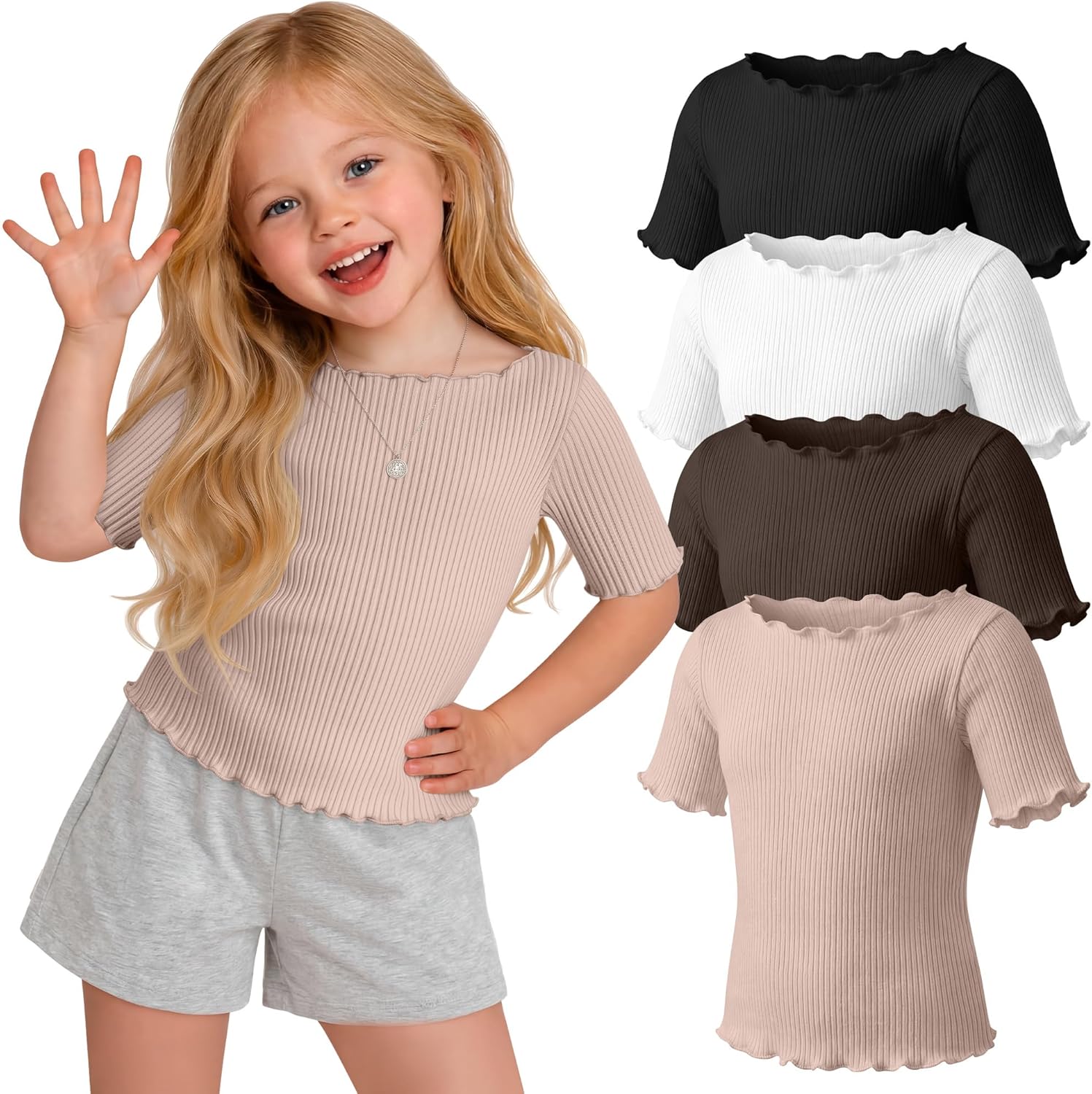 Oakgarden 4 Pack Toddler Girls' Cotton Shirts Baby Girl Ribbed Knit Half Sleeve Tees Kid Lettuce Trim Boat Neck Casual Tops