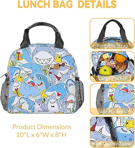 Miniatura 3 de Lonchera de tiburón para niños, lonchera aislada para niños, lindas bolsas de almuerzo azules con correa, bolsa de almuerzo reutilizable mediana