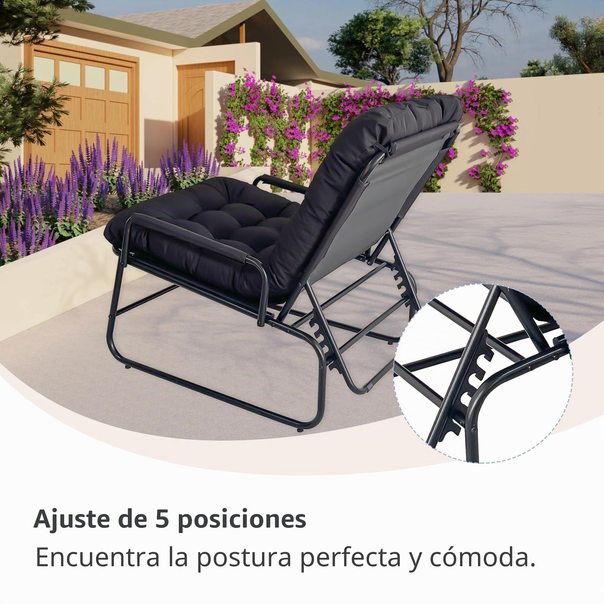 Tumbonas Jardin Exterior, Sillon Jardin Exterior, Tumbona con Taburete, Cojín Extraíble, 4 Posiciones Respaldo Ajustable, Sillones para Jardín, Terraza, Balcón (Beige)