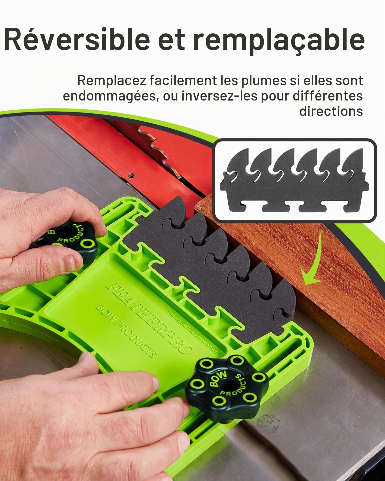 BOW Products FeatherPRO FP1 - Nœud Presseur de Sécurité pour Scie sur Table Scie à Ruban et Table de Fraisage - Lamelles EVA qui Réduisent le Recul - Outils et Sécurité Bois