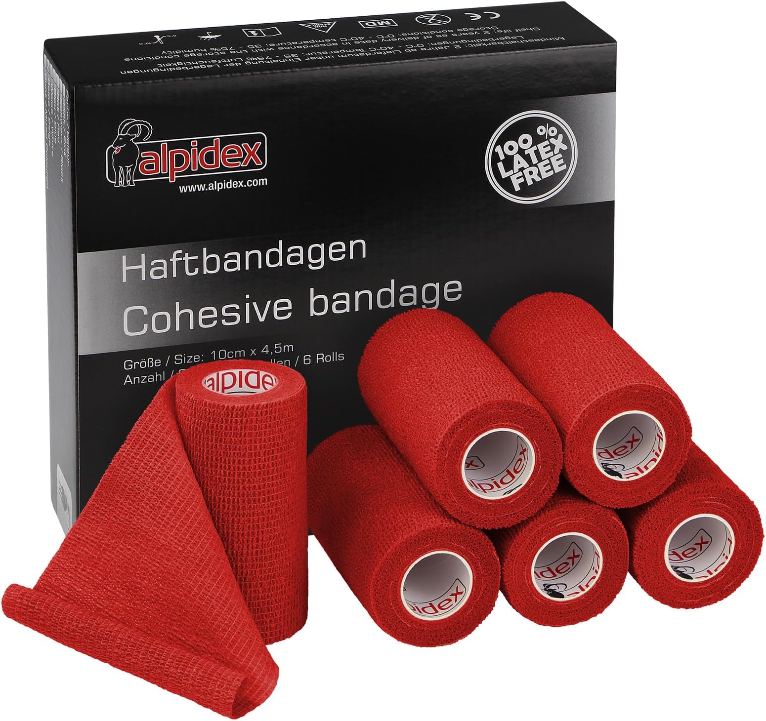 ALPIDEX 6 Rolls Adhesive Bandage 10 cm x 4.5 m Cohesive Self Adhesive Elastic Pet Bandages Fixation Tape Sport Vet Wrap Tape Horses Dogs Humans, Colour:red