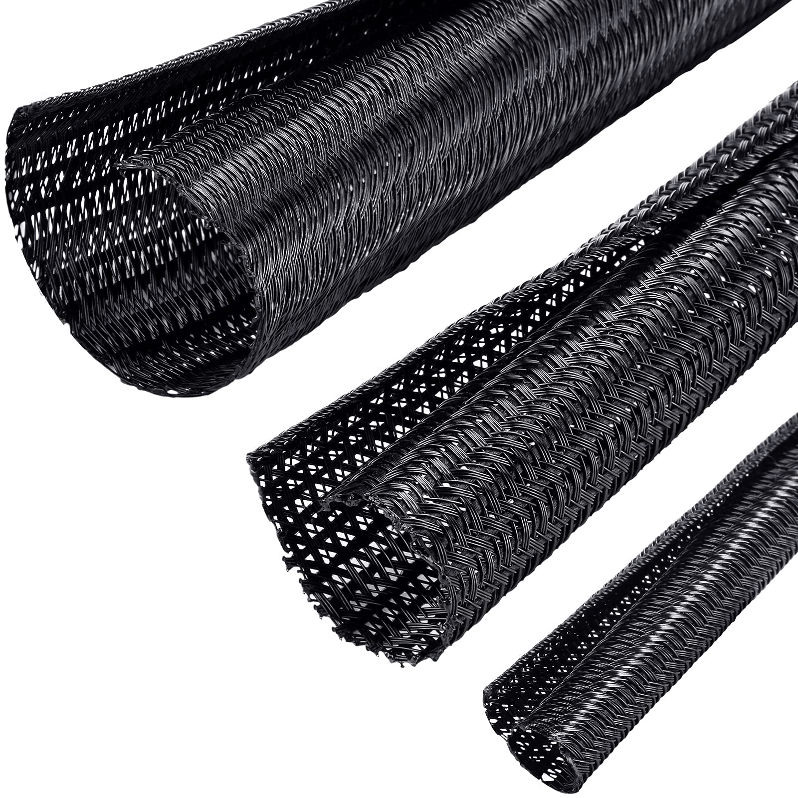 Boao3 Pieces Cord Protector Wire Loom Tubing Cable Sleeve Split Sleeving for USB Charger Cable Cord Cover Audio Video Cable (Black,1 Inch, 1/2 Inch, 1/4 Inch)