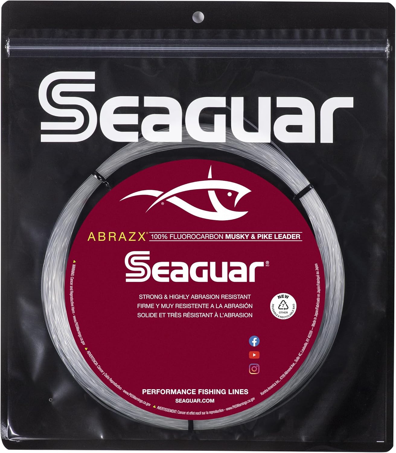 Seaguar AbrazX Musky/Pike, Freshwater Mainline, 100% Fluorocarbon, Spinning, Bait Casting, 25yds, Clear, Multiple Sizes