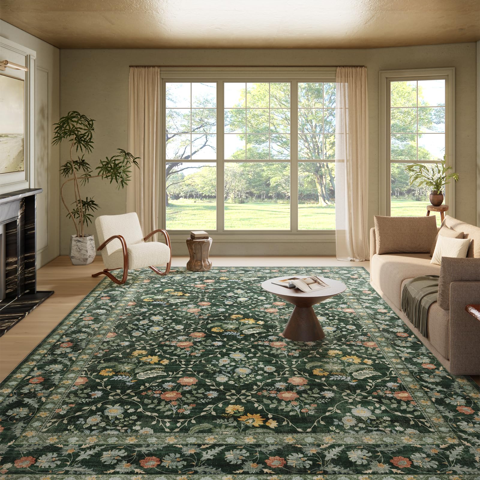 Vintage Botanical Dark Green Area Rug 9x12 Elegant Floral Pattern, Durable Stain-Resistant Fabric, Perfect for Living Room, Bedroom, Dining Room Decor