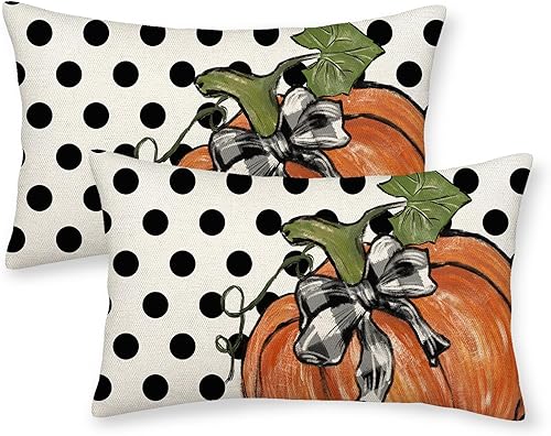 Juego de 2 fundas de almohada de otoño de 12 x 20 pulgadas, diseño de hojas de arce y lunares, decoración de otoño, de lino, Acción de Gracias, para