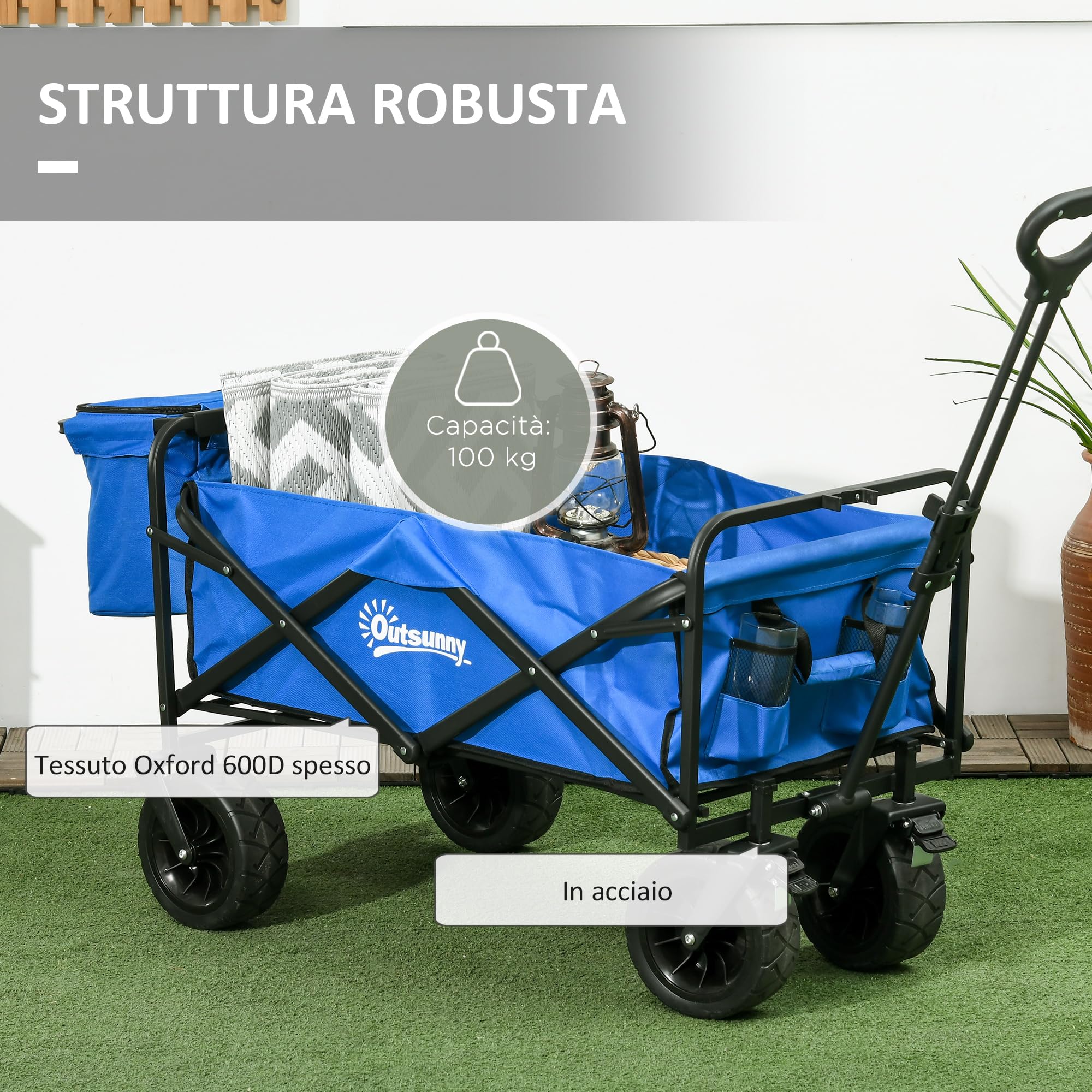 Outsunny Carello Spiaggia Pieghevole 110L con Maniglia Telescopica e Borsa Termica da 15L, Carrello da Giardino in Acciaio e Tessuto Oxford, Blu
