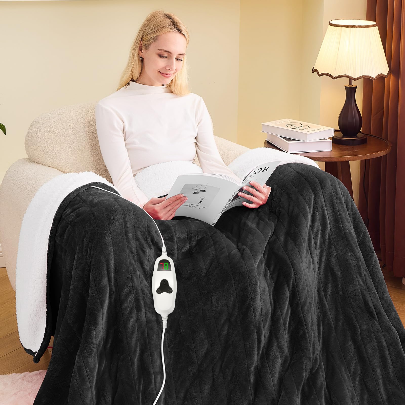 greenoak Heated Blanket Electric Twin 62"X84", Heating Blanket with 10 Heat Levels 1/2/4/6/8 Hours Auto-Off, Soft Flannel Sherpa Warm Heater Christmas Blanket, Lacquered Black