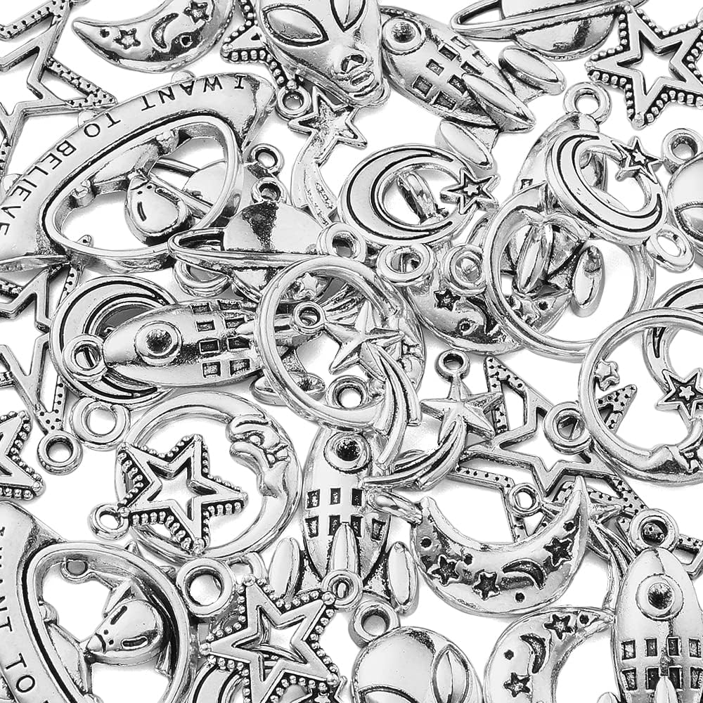 LiQunSweet 100Pcs 10 Styles Space Universe Charms Alien Spaceship UFO Planet Star Moon Rocket Small Charm for Jewelry Making image 5